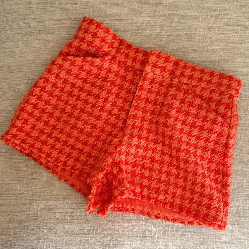 Zara Orange Houndstooth High Waist Shorts tweed